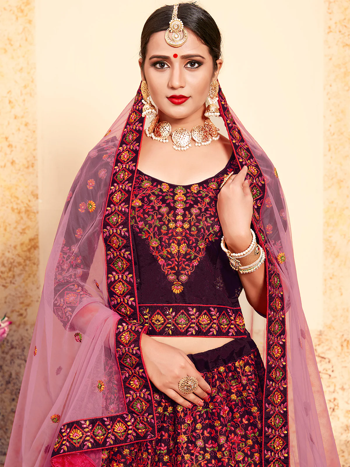 Odette Women Brown Classy Semi Stitched Lehenga With Unstitched Blouse - Image 2