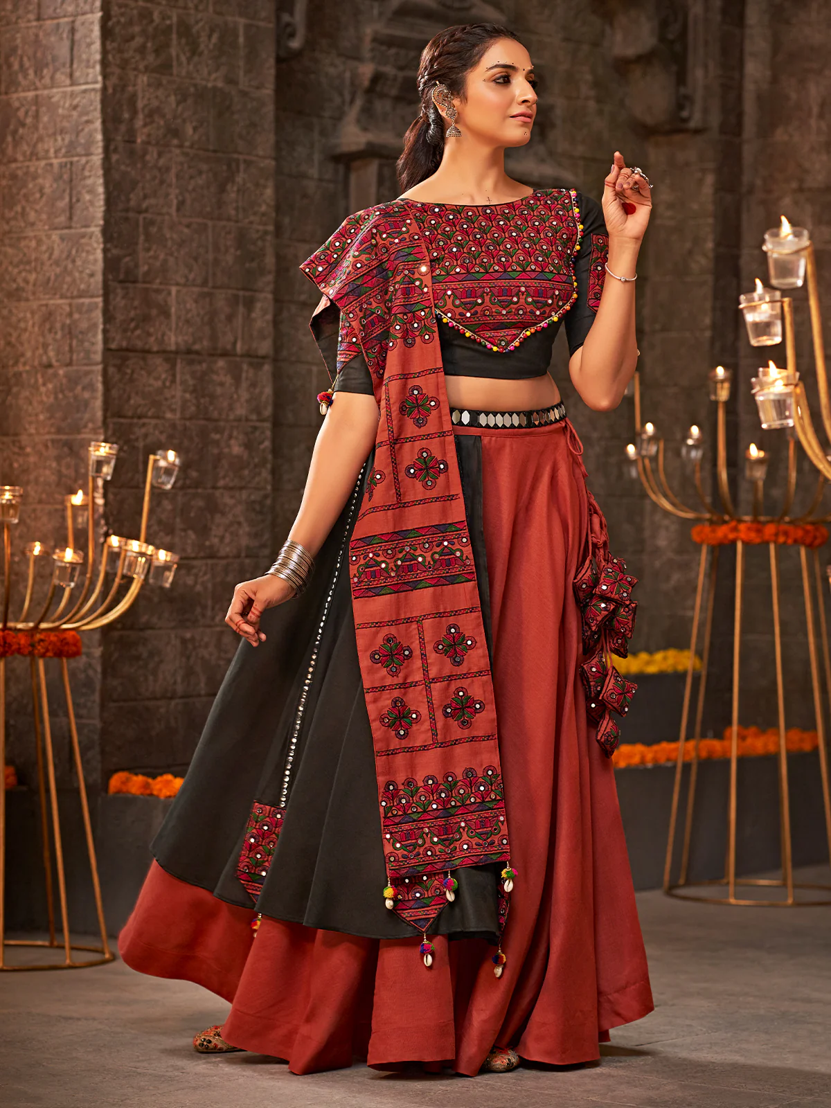 Odette Maroon Cotton Embroidered Semi Stitched Lehenga Choli For Women - Image 2