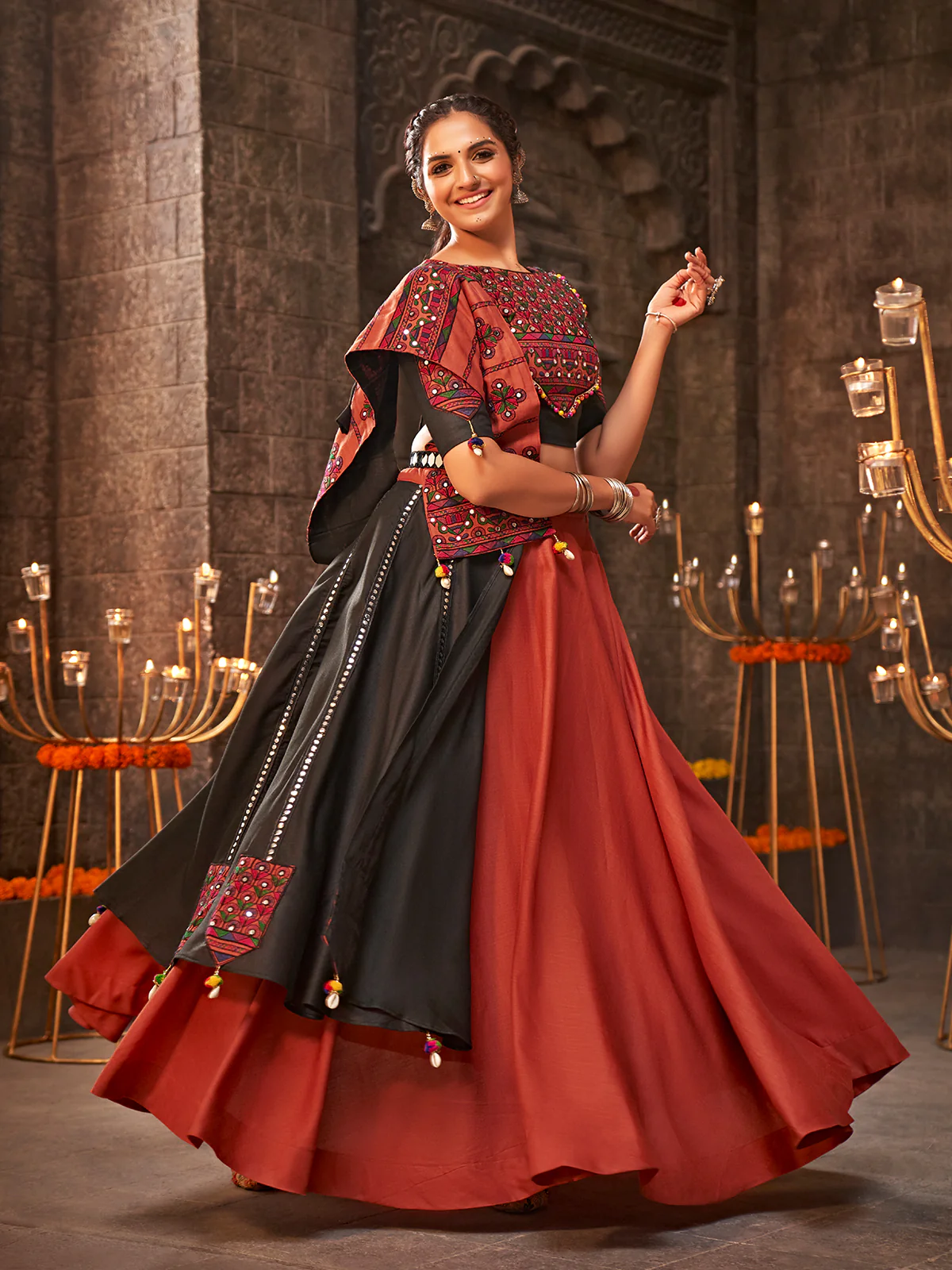 Odette Maroon Cotton Embroidered Semi Stitched Lehenga Choli For Women - Image 3