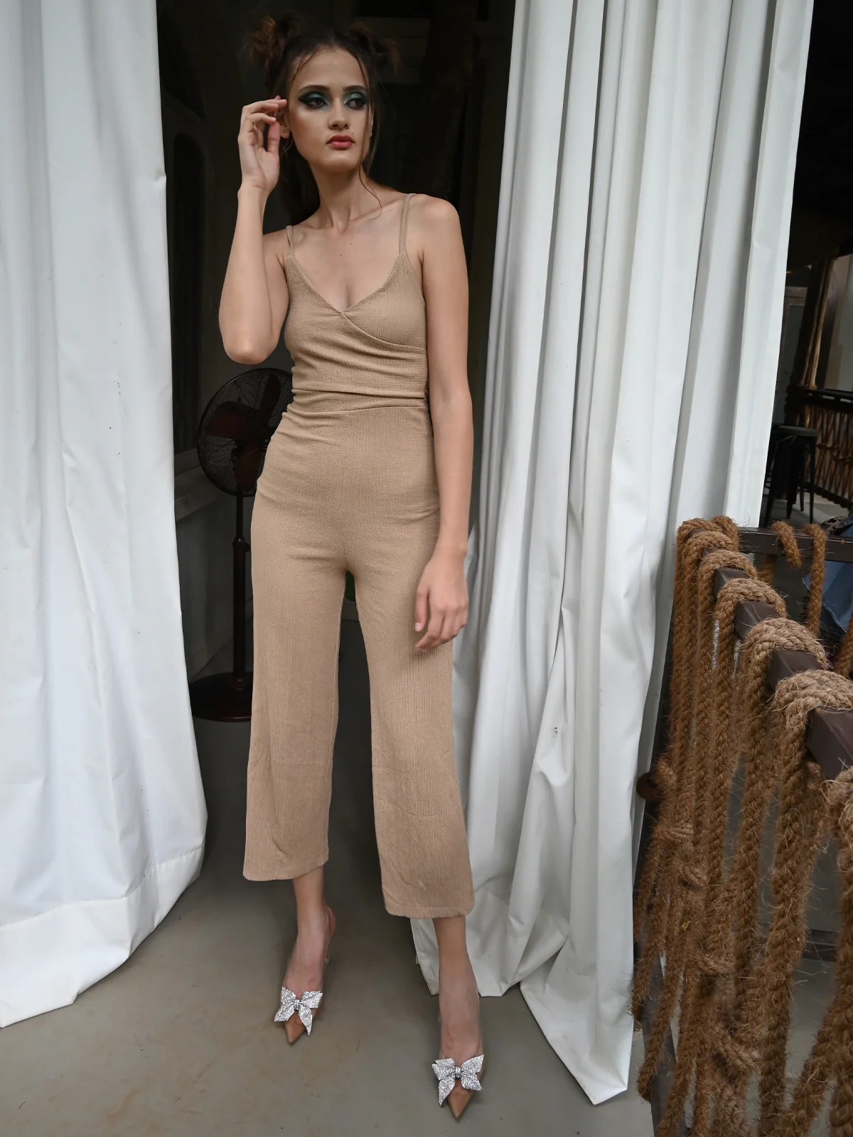 Odette Brown Crinkled Polyester Lycra Jumpsuit Women - Image 3