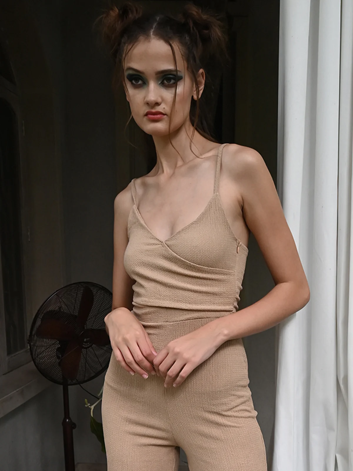 Odette Brown Crinkled Polyester Lycra Jumpsuit Women - Image 5