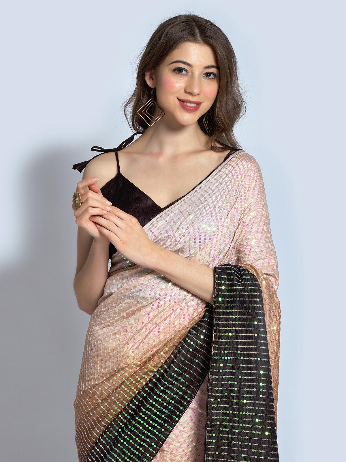 Odette Women Brown Silk Blend Designer Embroidery Saree With Unstitched Blouse - Image 6