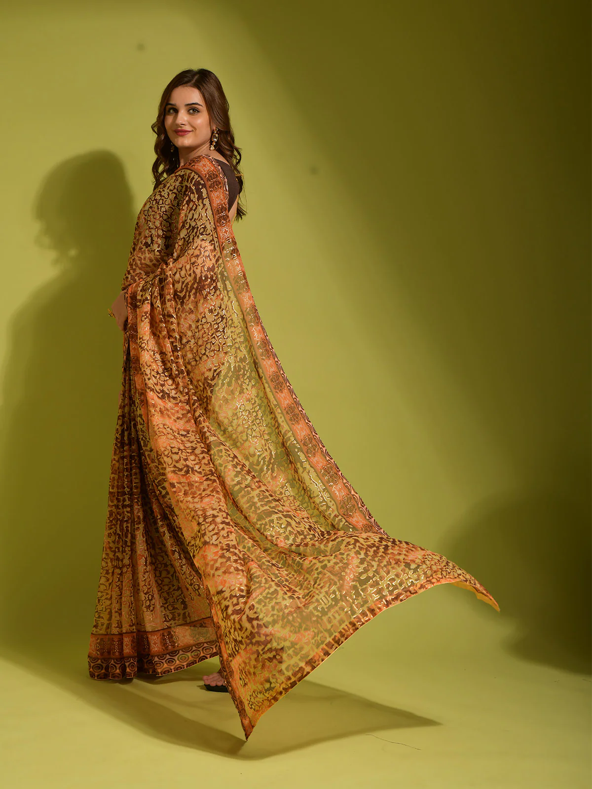 Odette Women Brown Georgette Designer Saree With Unstitched Blouse - Image 2