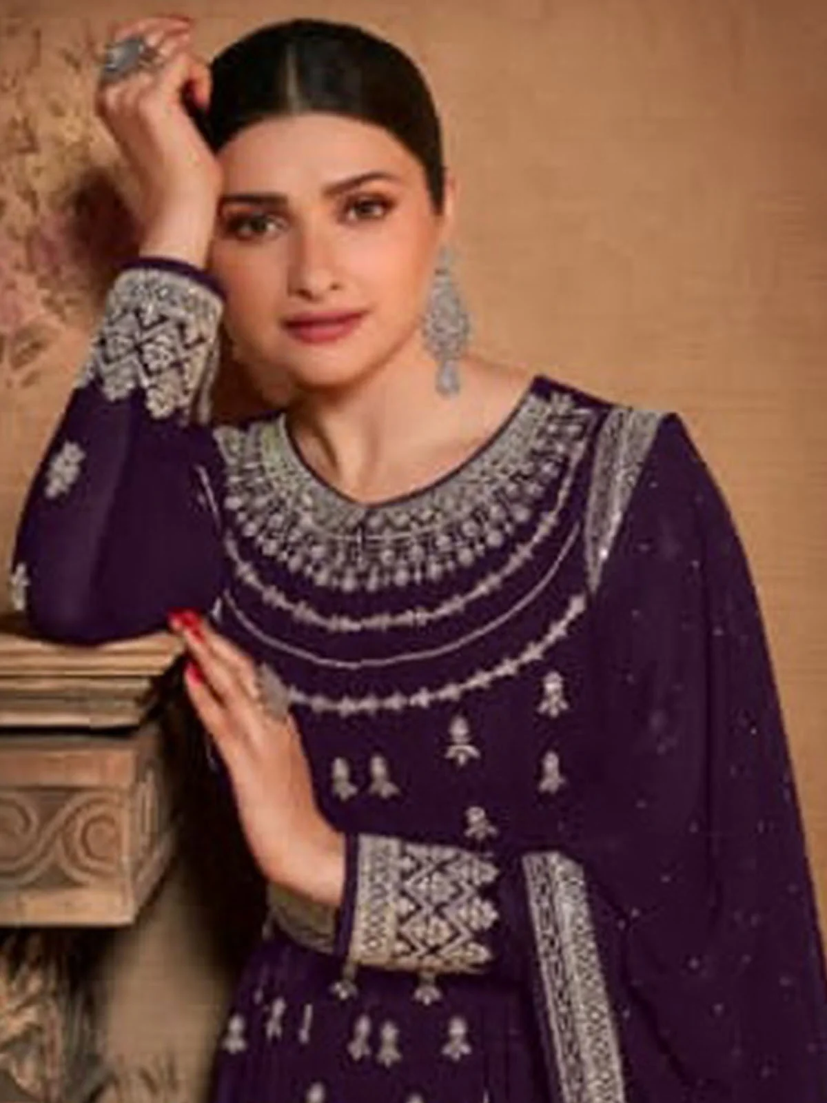Odette Women Violet Georgette Heavy Embroidery Work Long Anarkali Semi Stitched Salwar Suit - Image 2