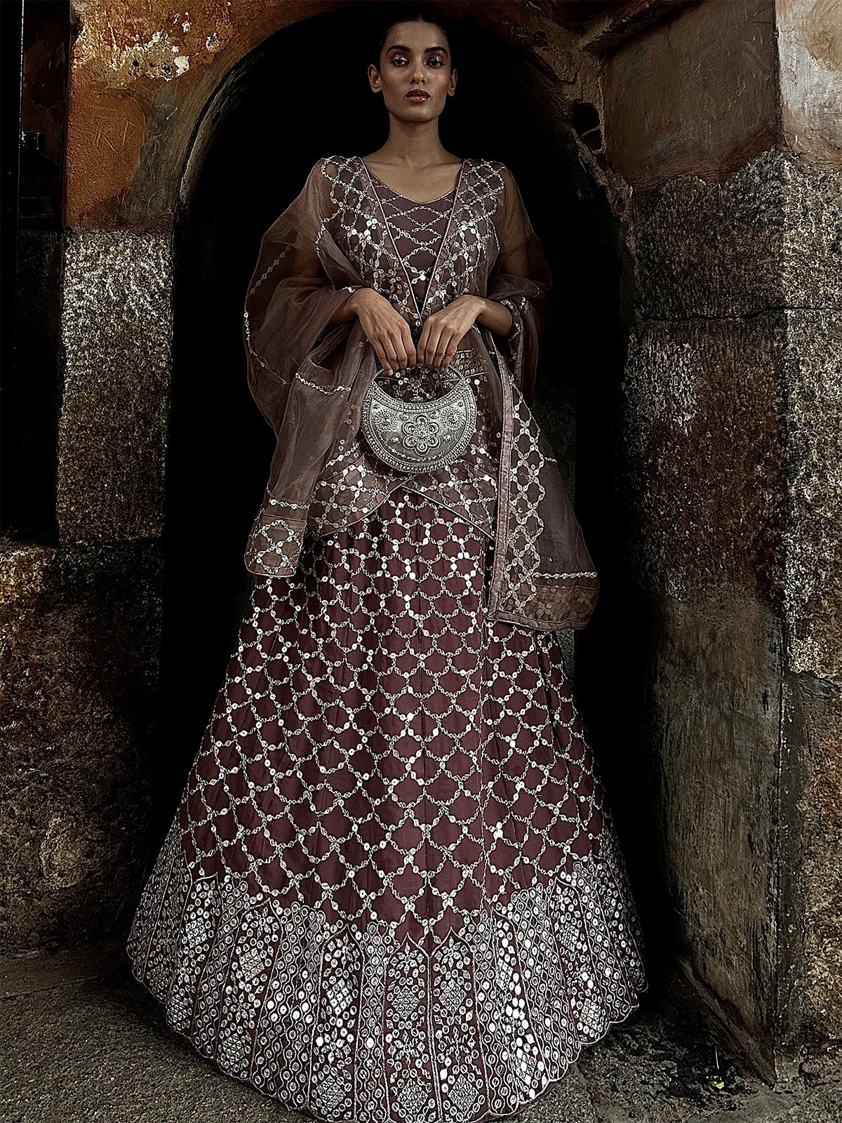 Odette Women Brown Georgette Semi Stitched Lehenga With Unstitched Blouse - Image 3