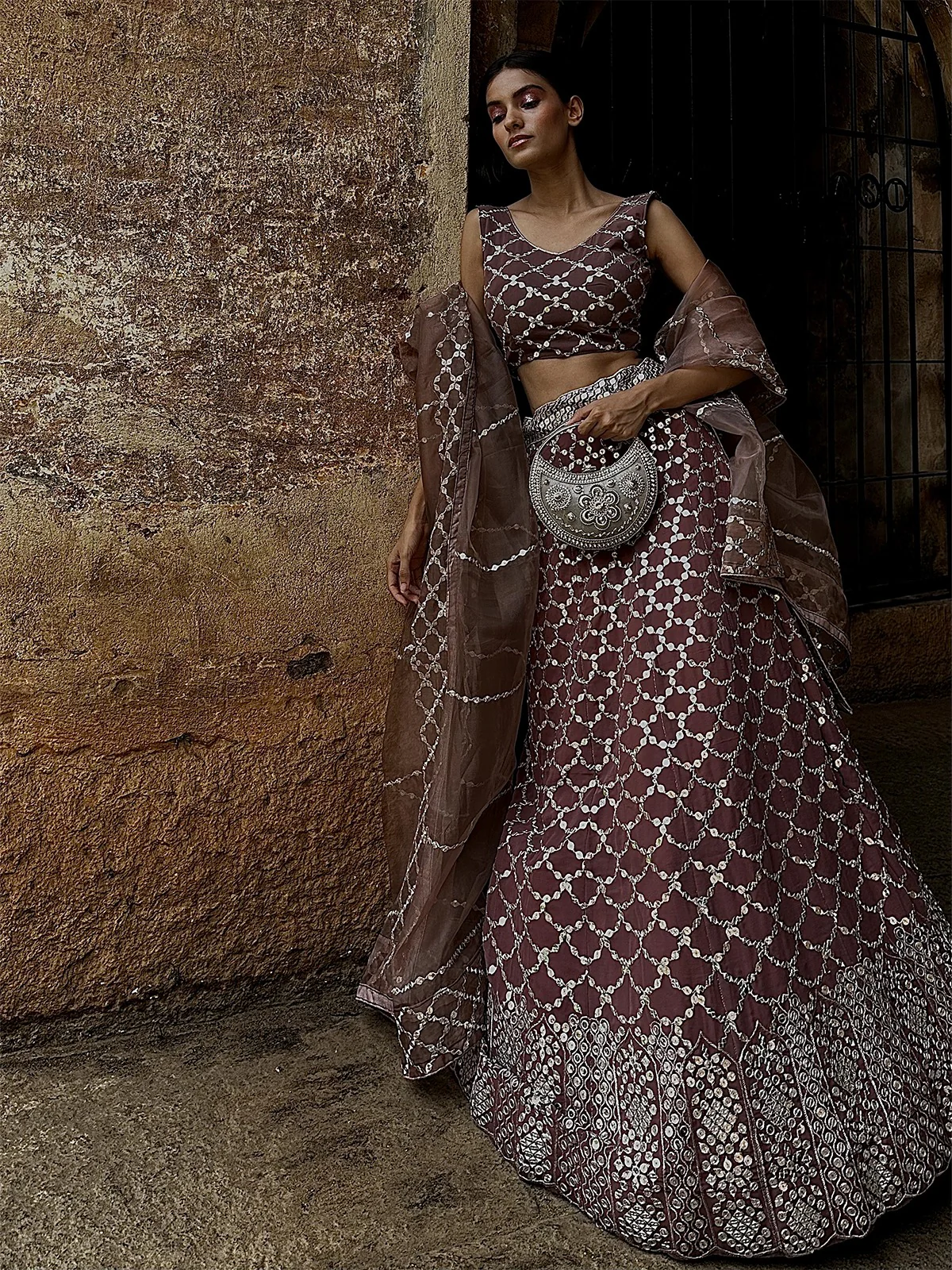 Odette Women Brown Georgette Semi Stitched Lehenga With Unstitched Blouse - Image 4