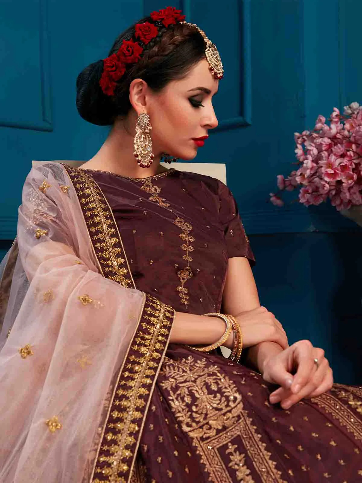 Odette Women Brown Designer Satin Semi Stitched Lehenga With Unstitched Blouse - Image 5