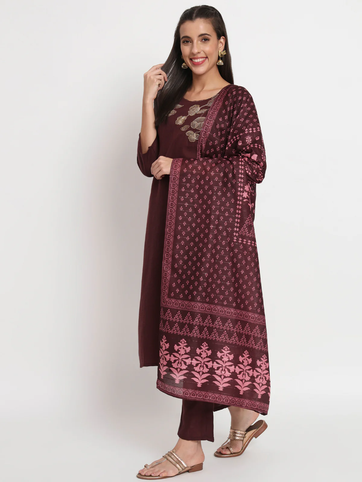 Odette Women Brown Cotton Blend Embroidered Stitched Kurta Set - Image 2