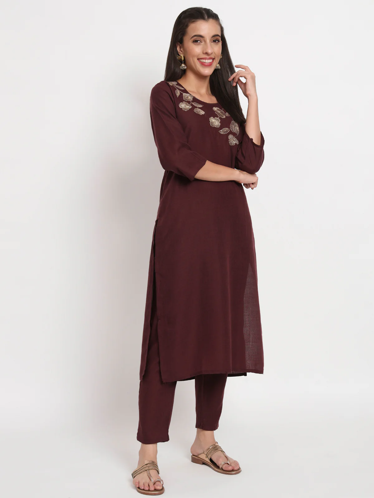 Odette Women Brown Cotton Blend Embroidered Stitched Kurta Set - Image 3