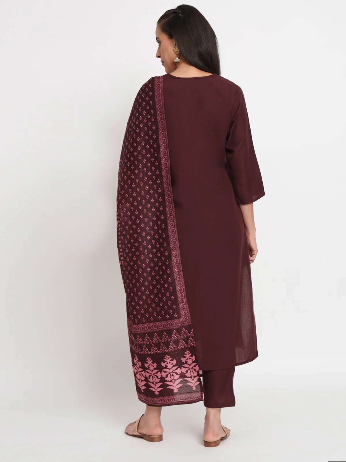 Odette Women Brown Cotton Blend Embroidered Stitched Kurta Set - Image 4