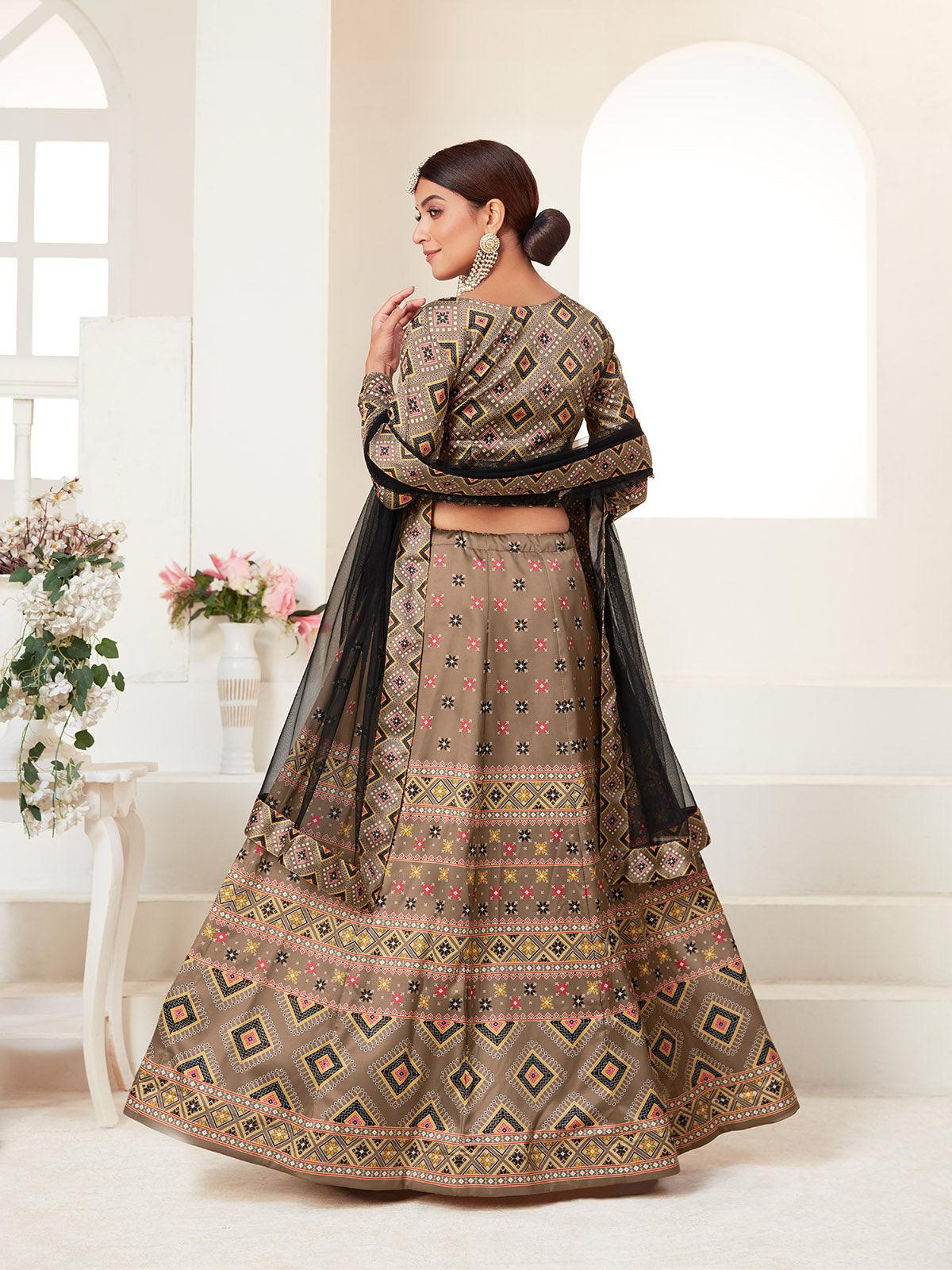 Odette Brown Printed Semi Stitched Lehenga With Unstitched Blouse For Women - Image 4
