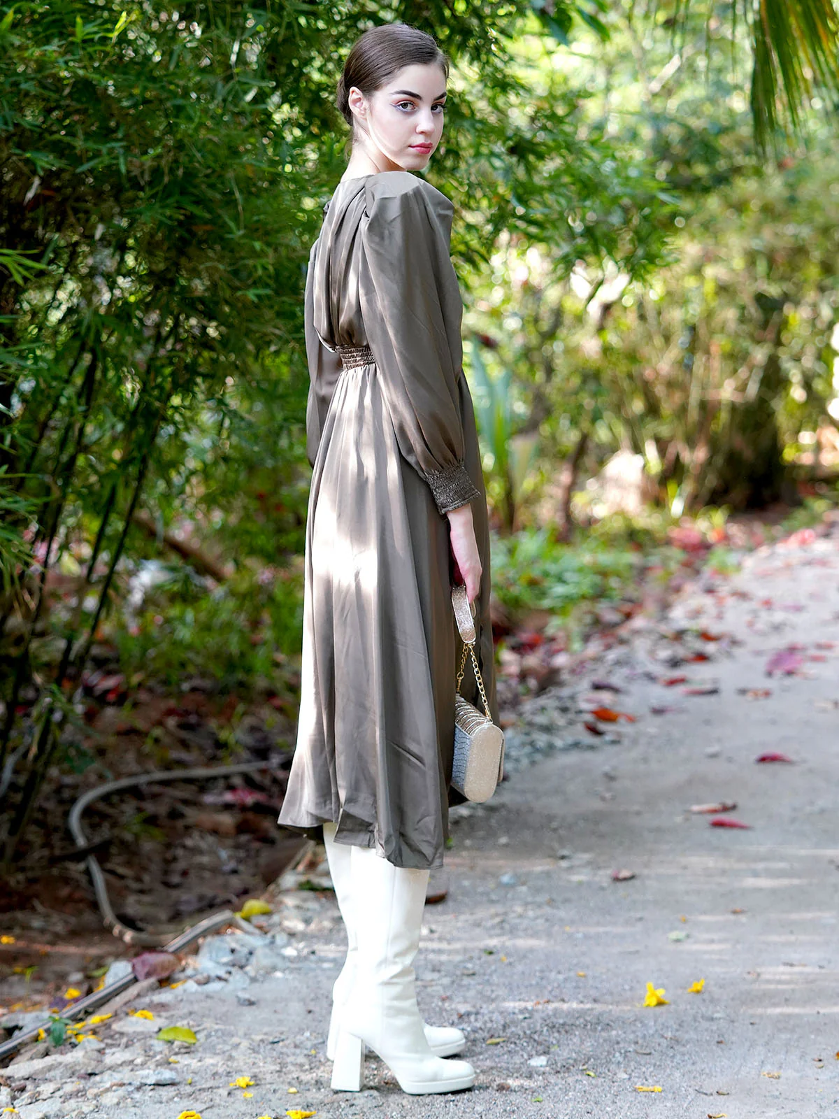 Odette Women Brown Satin Flared Stitched Dress - Image 4