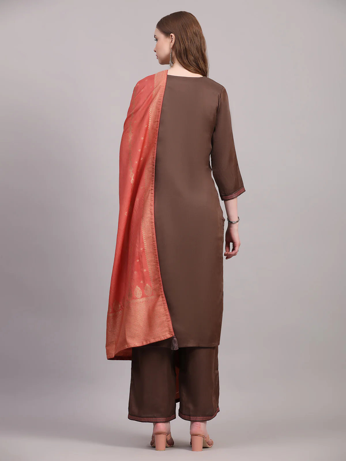 Odette Women Brown Viscose Embroidered Stitched Kurta Set - Image 4