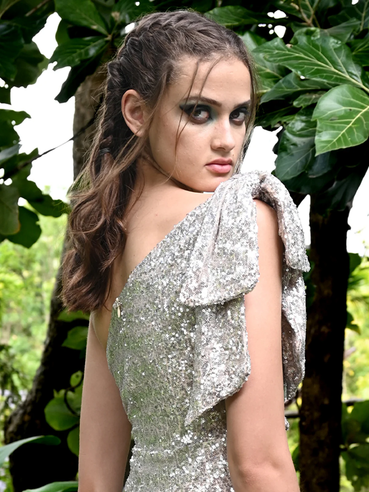 Odette Women Champagne Embellished Net And Sequins Dress - Image 5