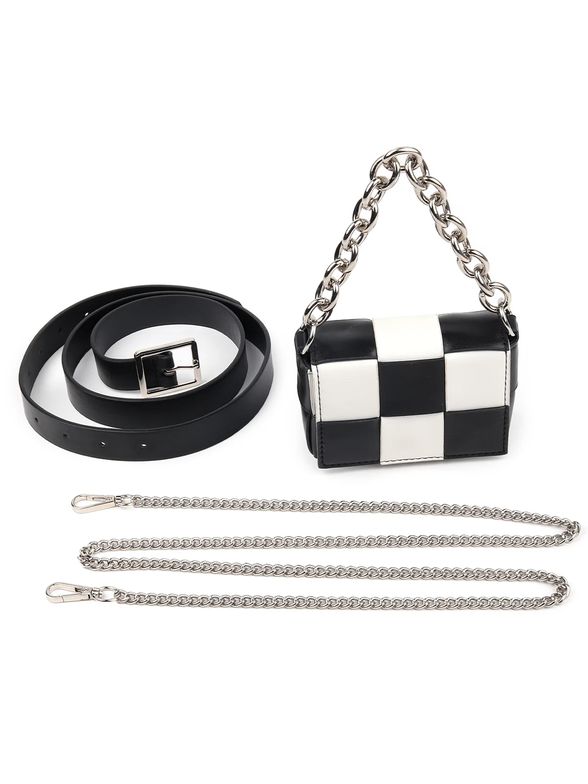 Odette Women Chequered Black And White Embellished Pouch Belt - Image 5
