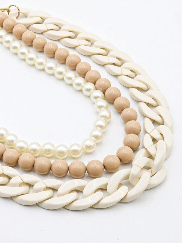 Odette Women Chunky Multilayered Acrylic White & Beige Mixed Necklace - Image 4