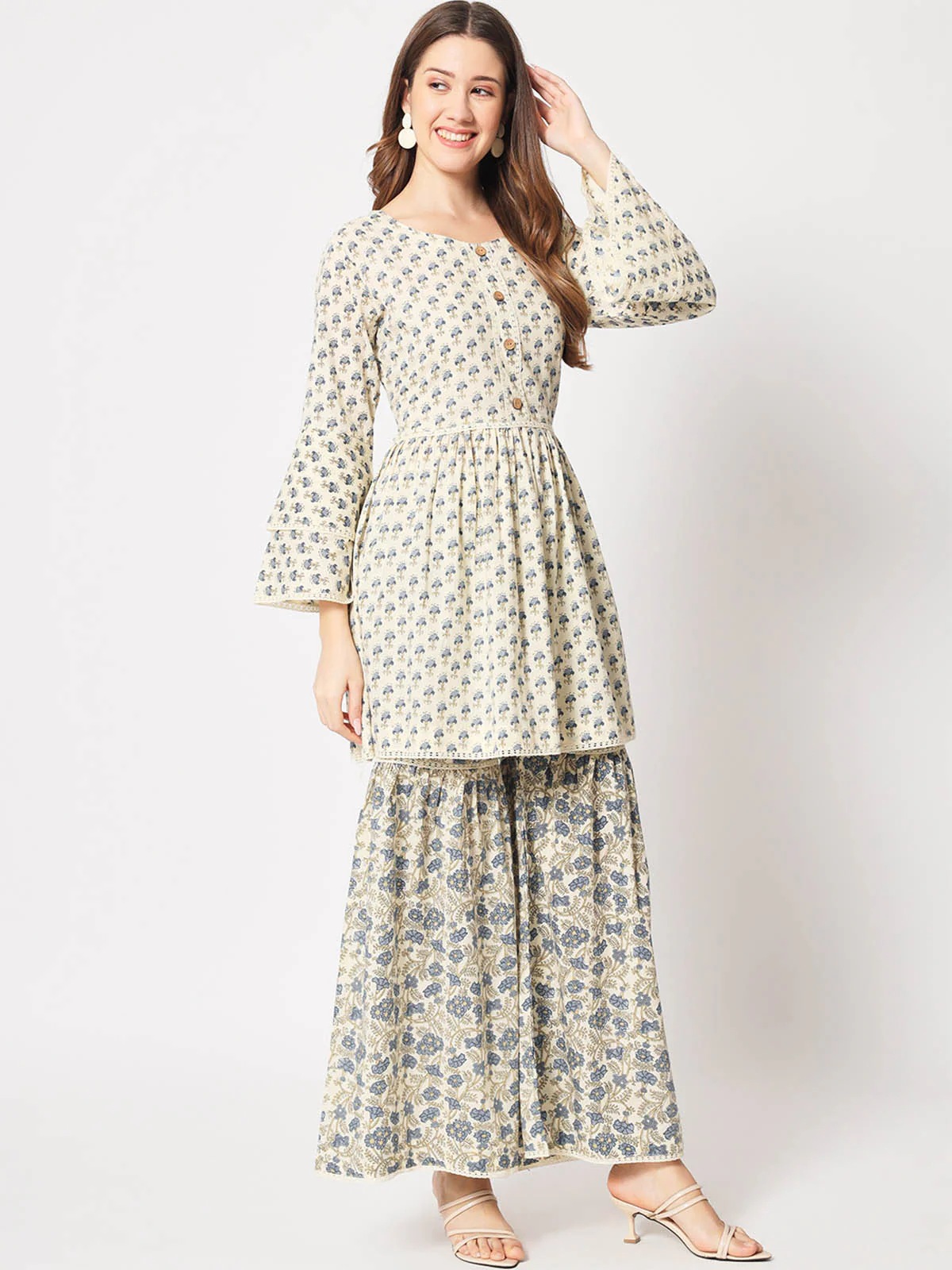 Odette Women Classic Beige And Blue Cotton Printed Stitched Kurta Set - Image 4