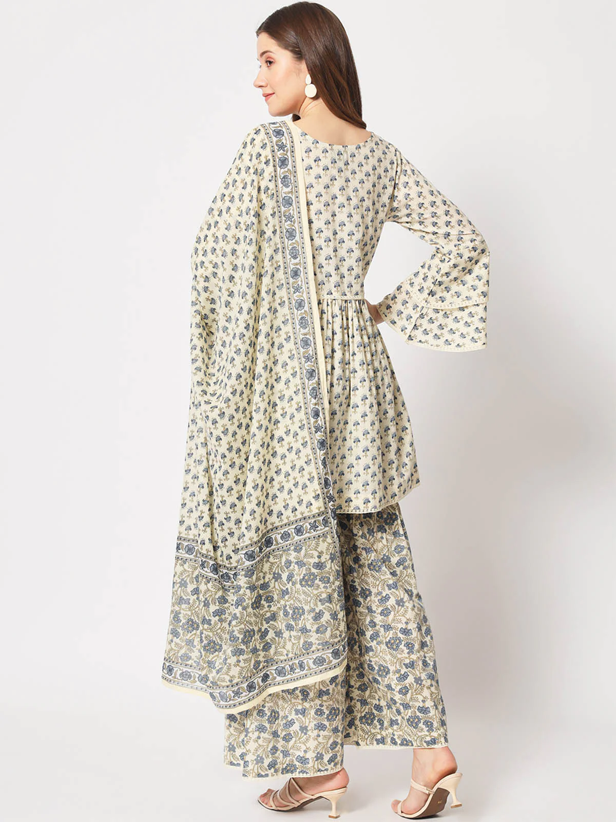 Odette Women Classic Beige And Blue Cotton Printed Stitched Kurta Set - Image 5