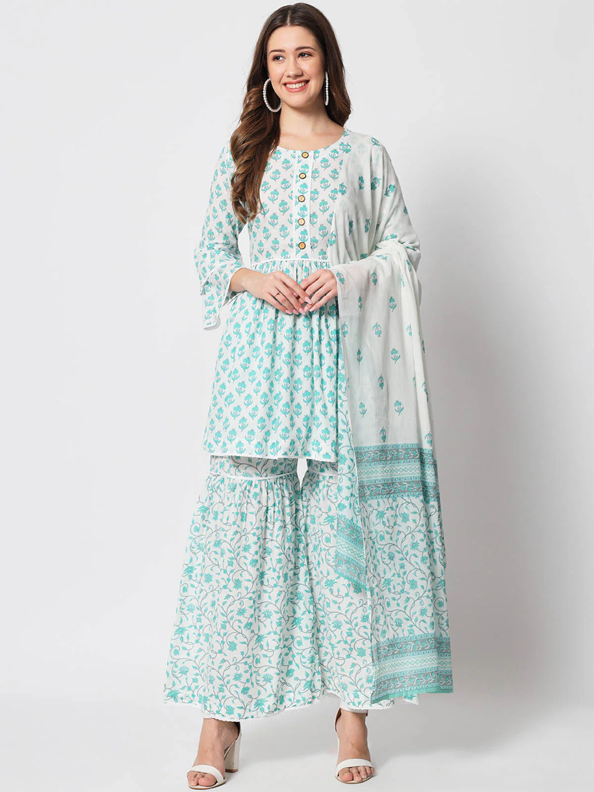 Odette Women Classic Blue Cotton Printed Stitched Kurta Set - Image 2