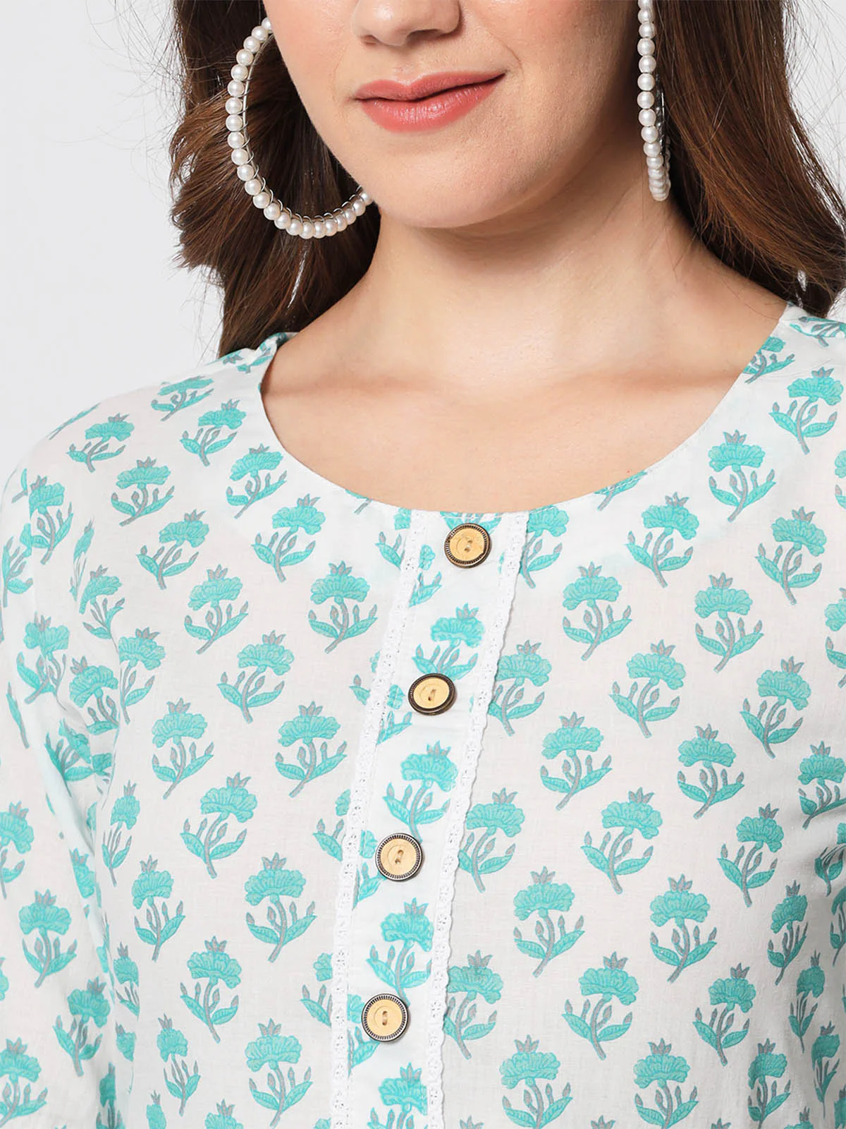 Odette Women Classic Blue Cotton Printed Stitched Kurta Set - Image 6