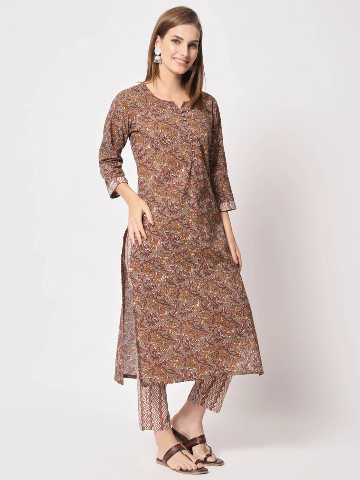 Odette Women Classic Brown Cotton Printed Stitched Kurta Set - Image 3