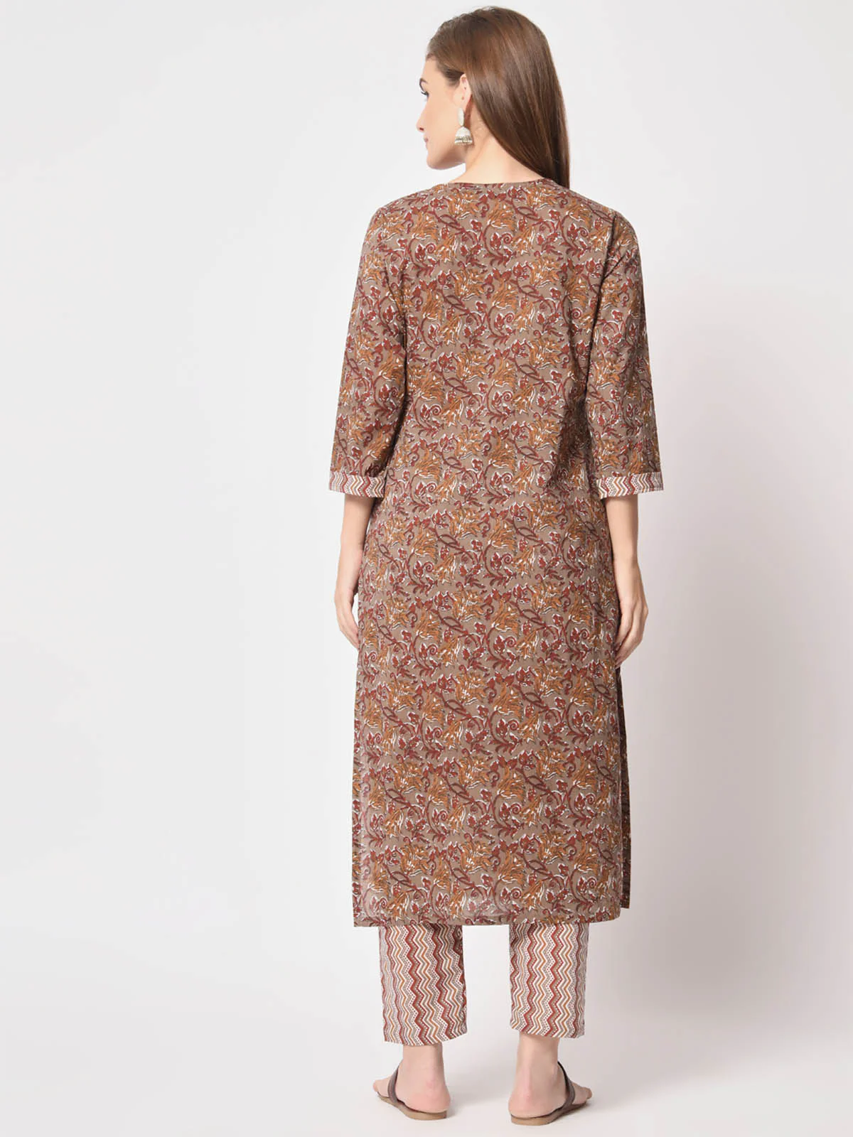 Odette Women Classic Brown Cotton Printed Stitched Kurta Set - Image 5