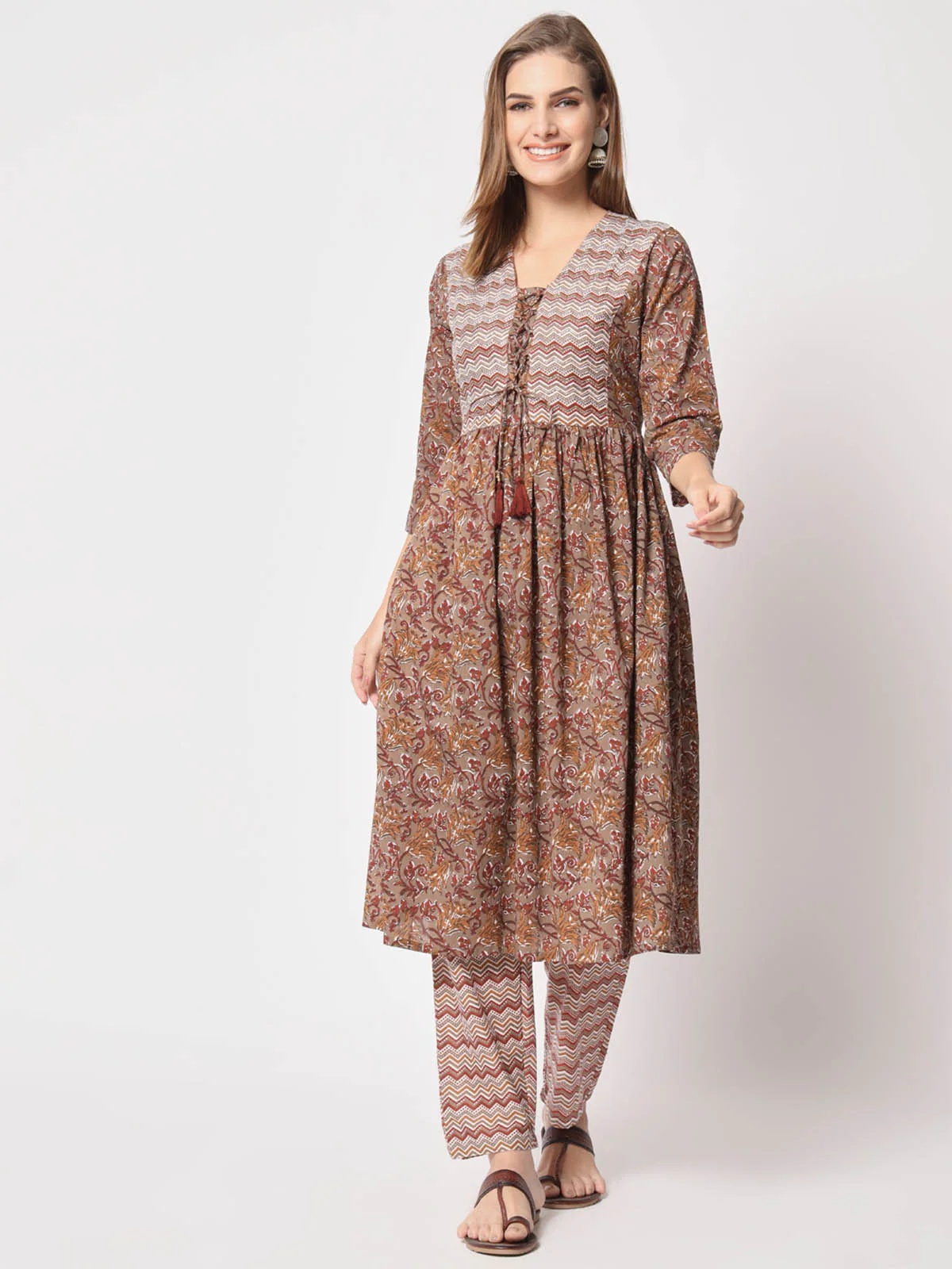 Odette Women Classic Brown Cotton Printed Stitched Kurta Set - Image 2
