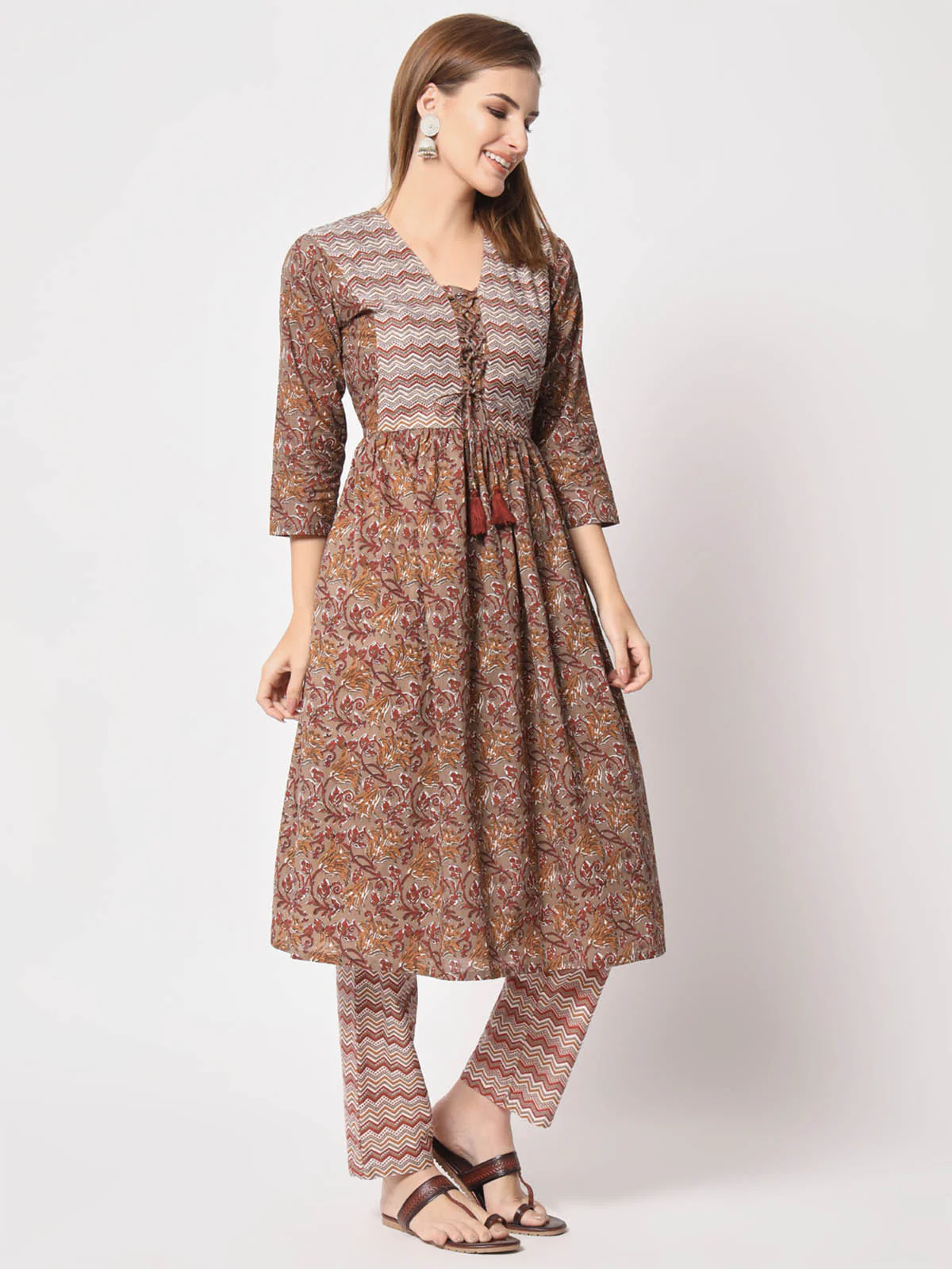 Odette Women Classic Brown Cotton Printed Stitched Kurta Set - Image 4