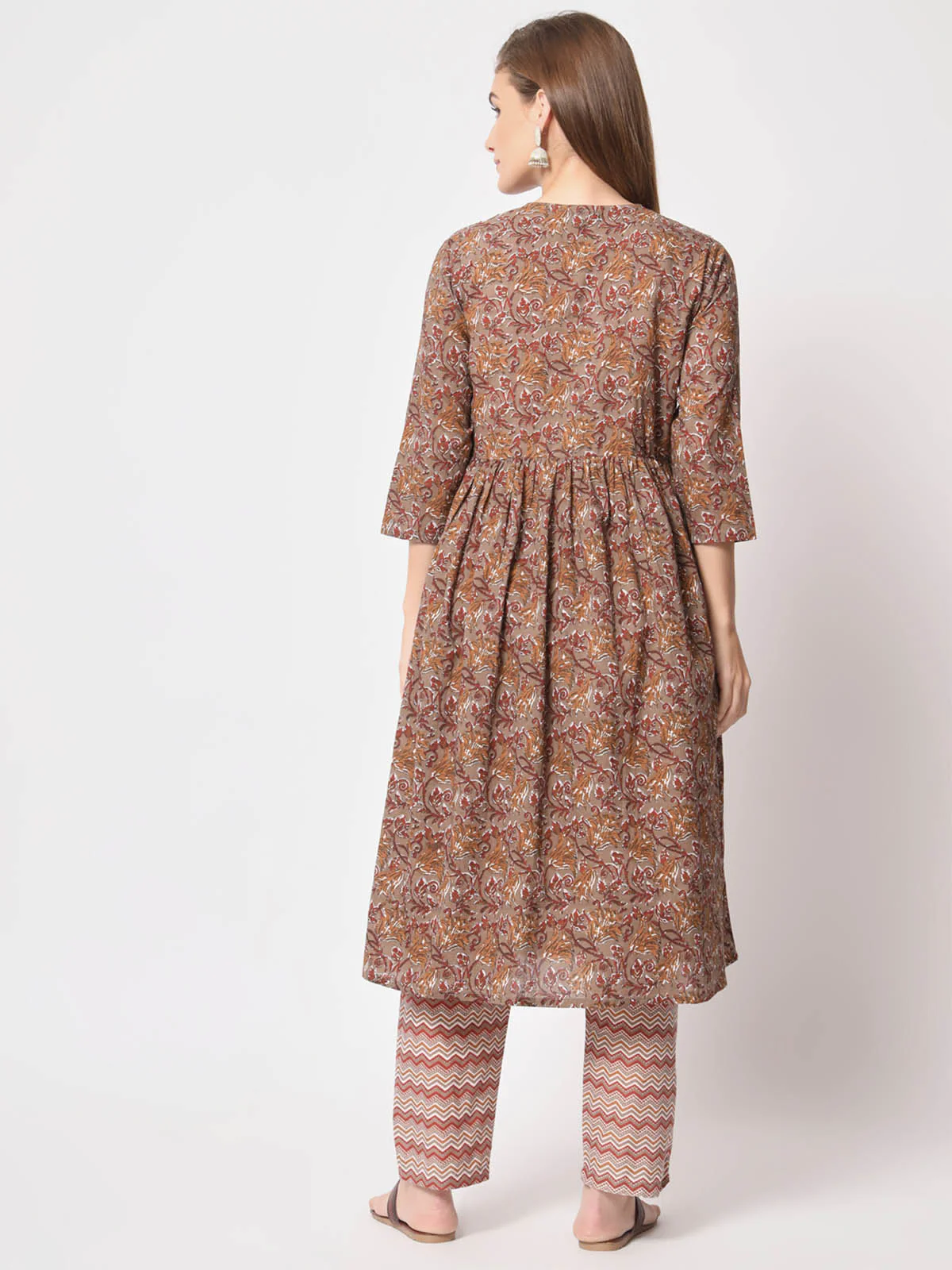 Odette Women Classic Brown Cotton Printed Stitched Kurta Set - Image 5