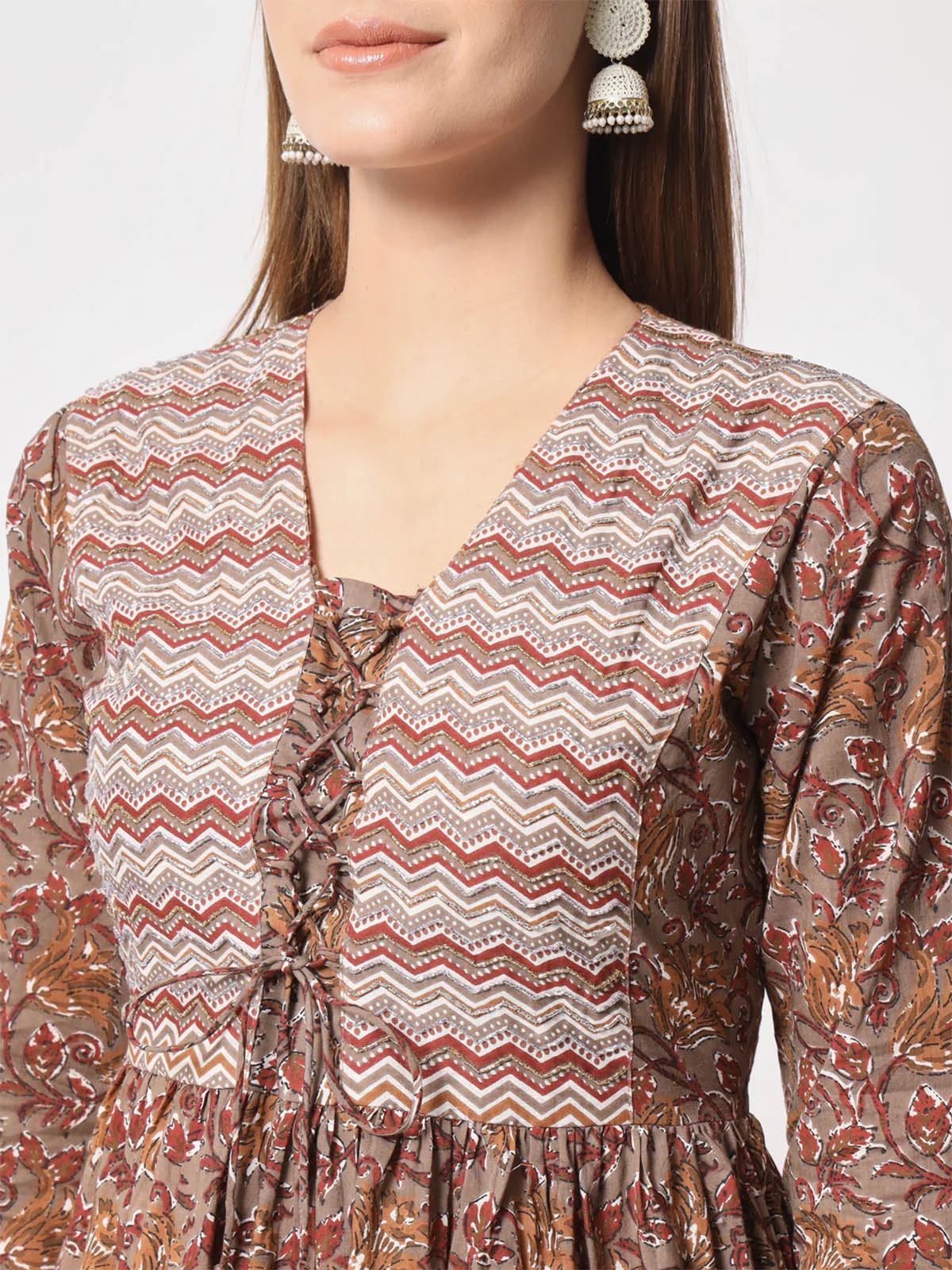 Odette Women Classic Brown Cotton Printed Stitched Kurta Set - Image 6