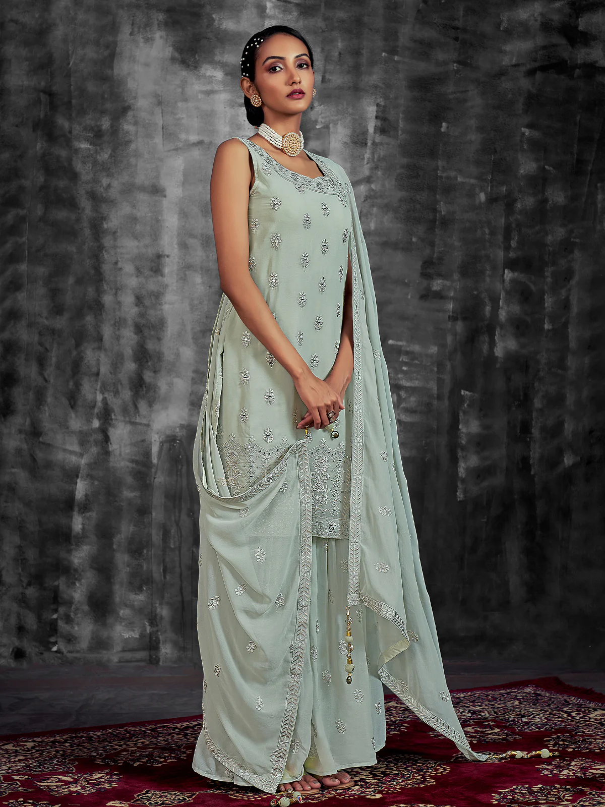 Odette Women Classic Embroidered Green Georgette Stitched Kurta Set - Image 2