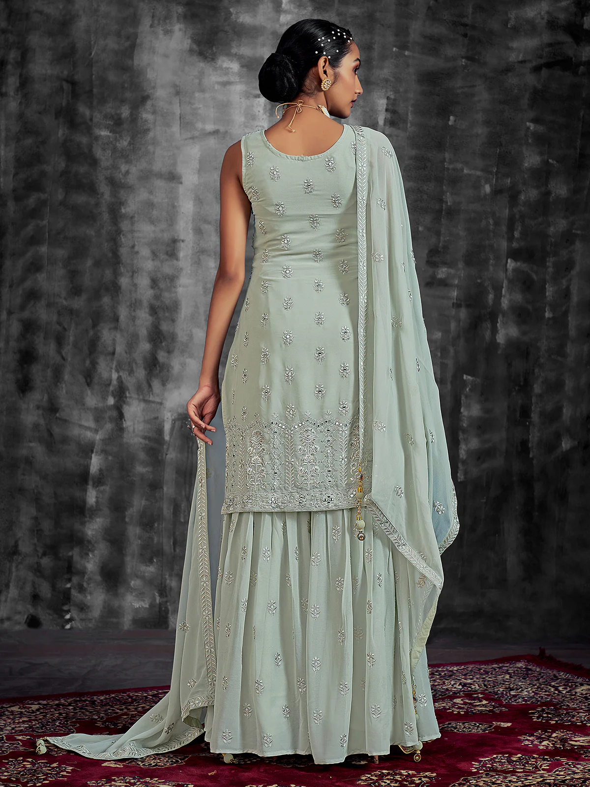 Odette Women Classic Embroidered Green Georgette Stitched Kurta Set - Image 4