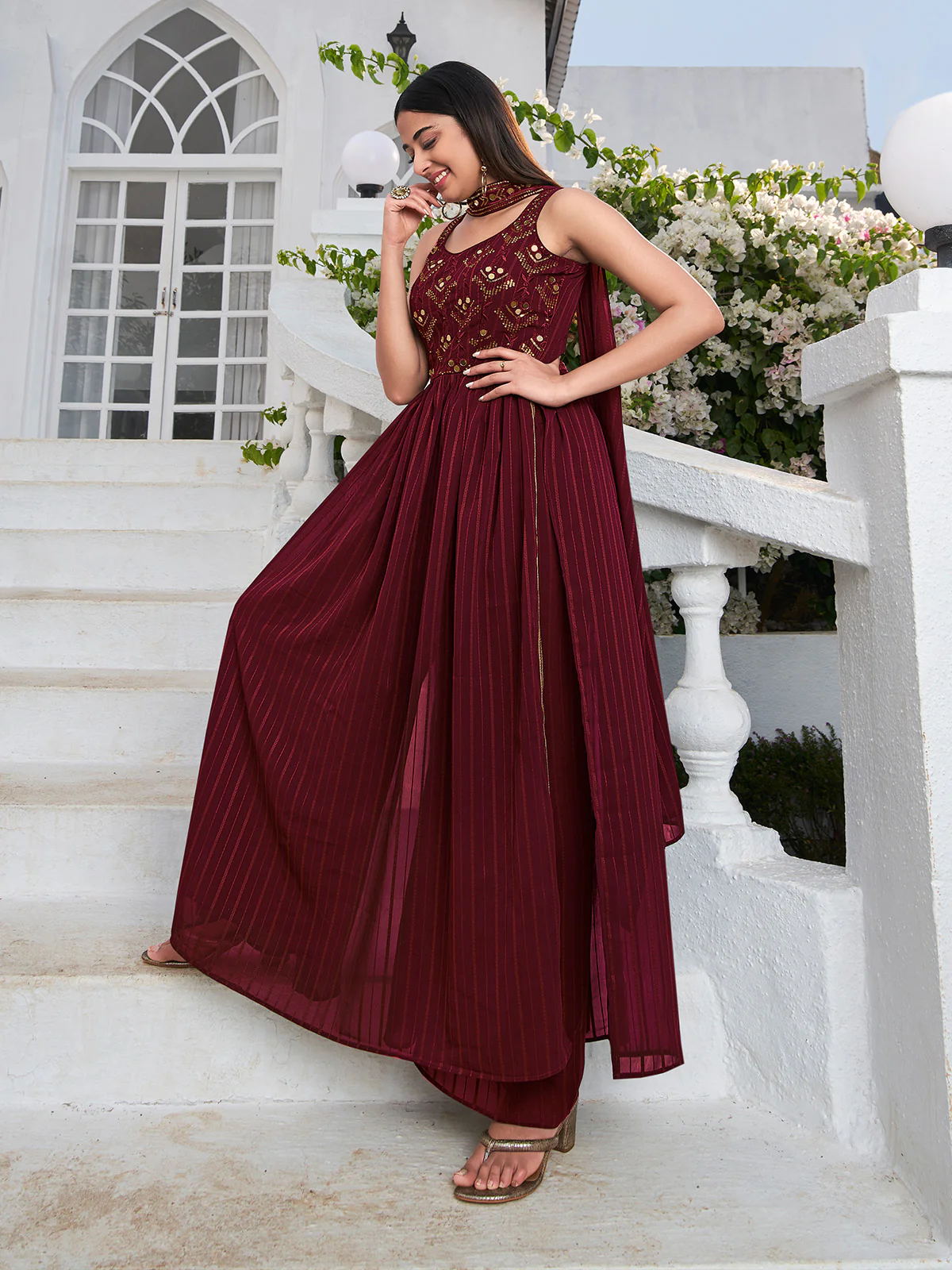 Odette Women Classic Embroidered Maroon Georgette Semi Stitched Gown - Image 2