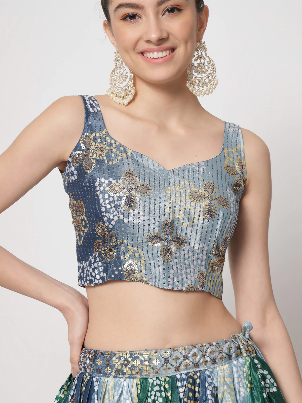 Odette Women Classic Multicolor Chinon Silk Printed Semi Stitched Lehenga With Unstitched Blouse - Image 2