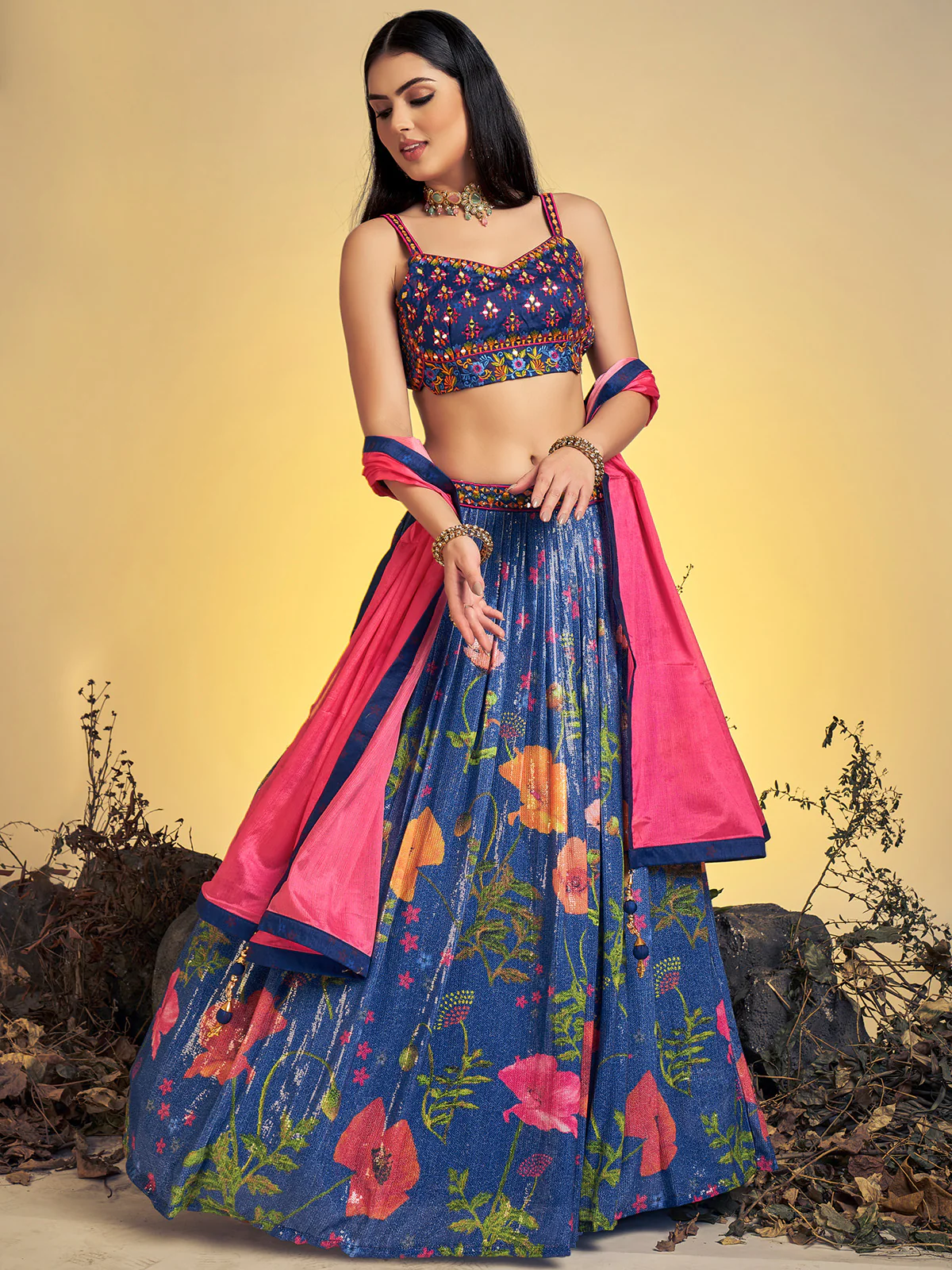 Odette Women Classic Navy Blue Art Silk Sequins Work Stitched Lehenga Choli Set - Image 3