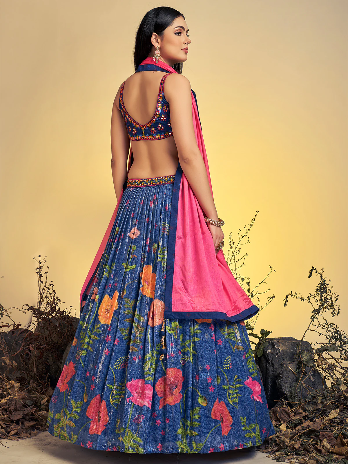 Odette Women Classic Navy Blue Art Silk Sequins Work Stitched Lehenga Choli Set - Image 4