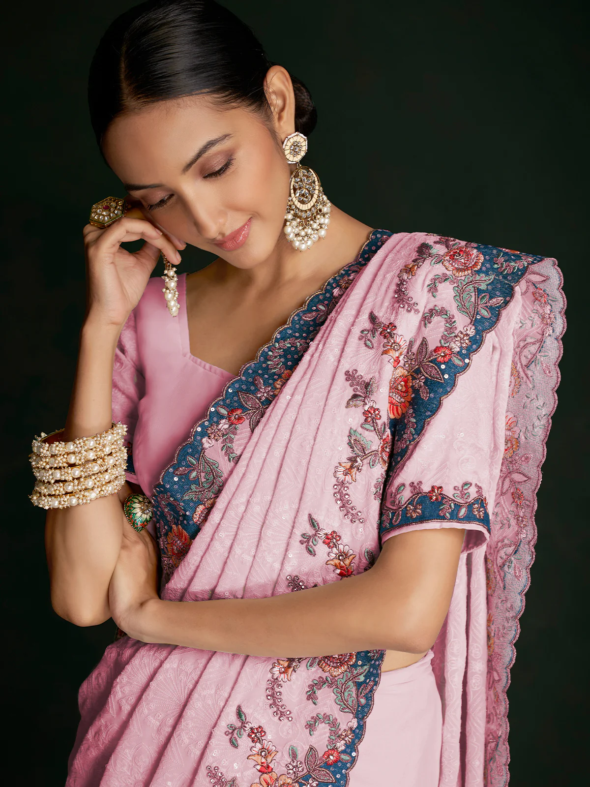 Odette Women Classic Pink Georgette Embroidered Saree With Unstitched Blouse - Image 2