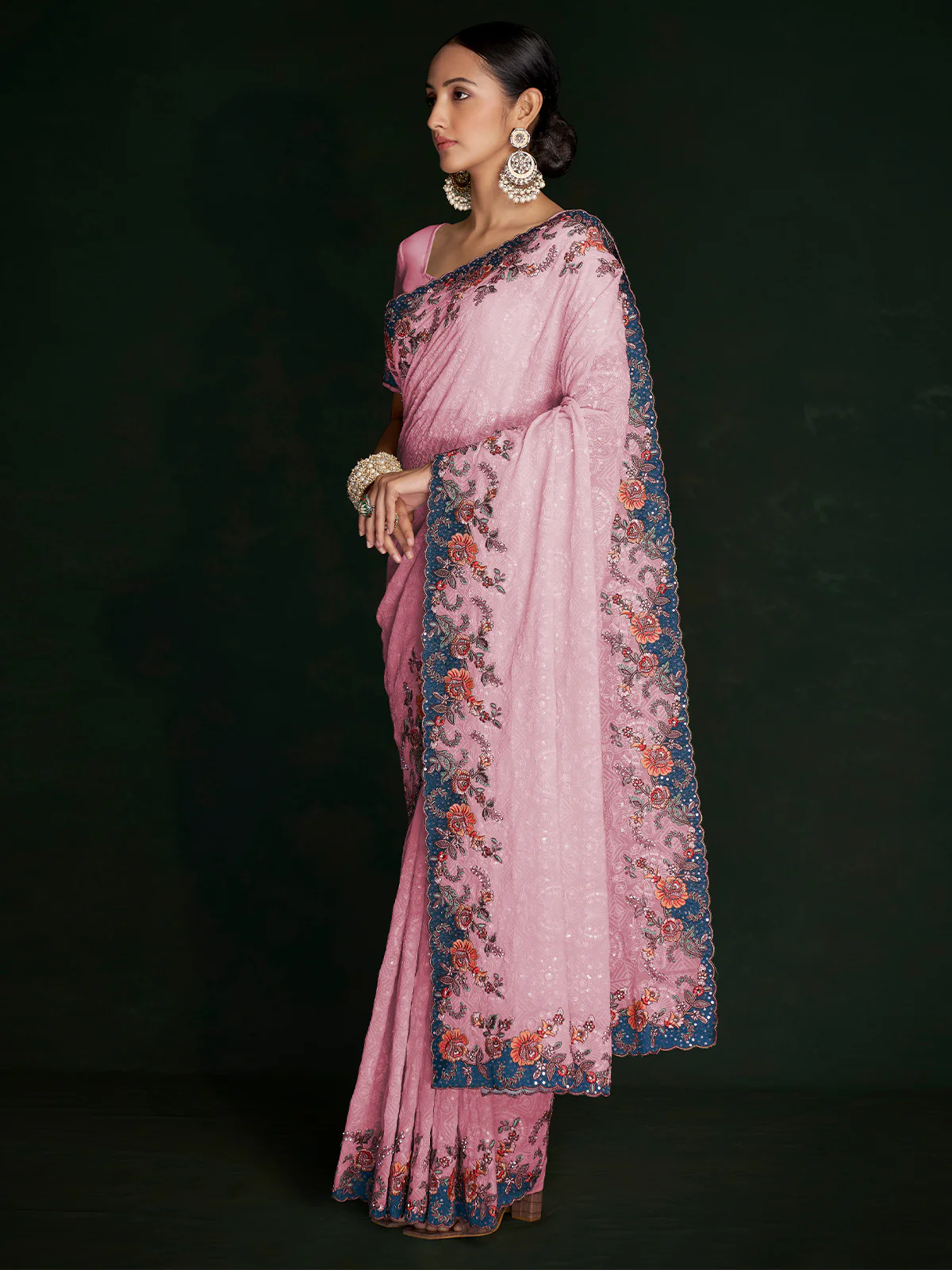 Odette Women Classic Pink Georgette Embroidered Saree With Unstitched Blouse - Image 3