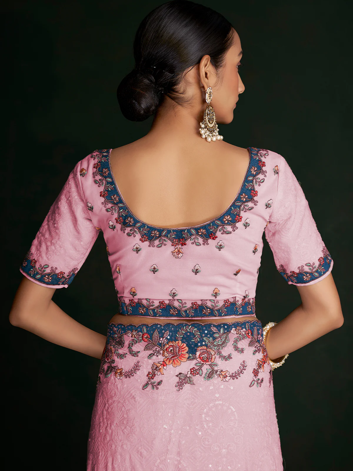Odette Women Classic Pink Georgette Embroidered Saree With Unstitched Blouse - Image 5