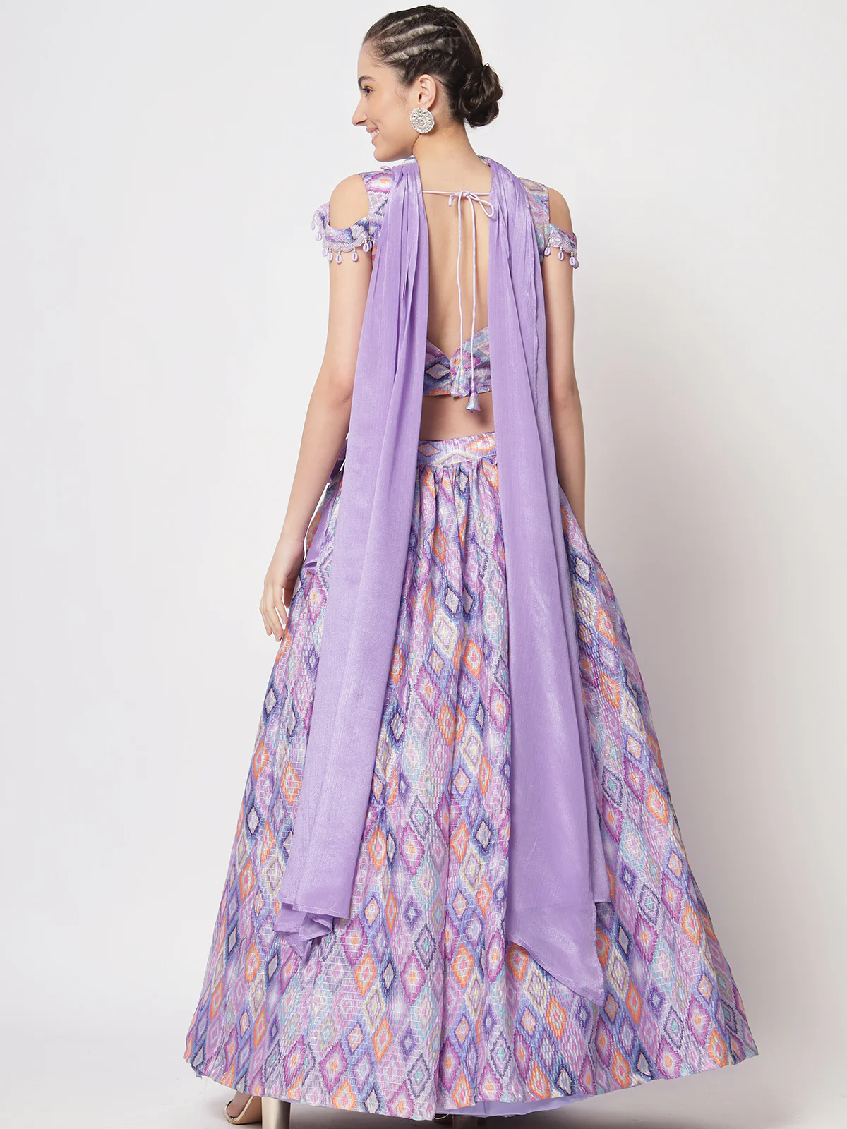 Odette Women Classic Purple Chinon Silk Printed Semi Stitched Lehenga With Unstitched Blouse - Image 4