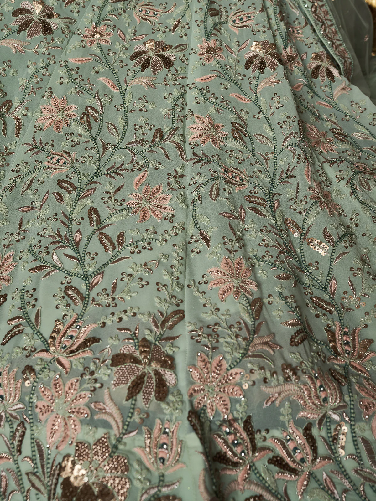 Odette Women Classic Sea Green Georgette Embroidered Semi Stitched Lehenga With Unstitched Blouse - Image 5