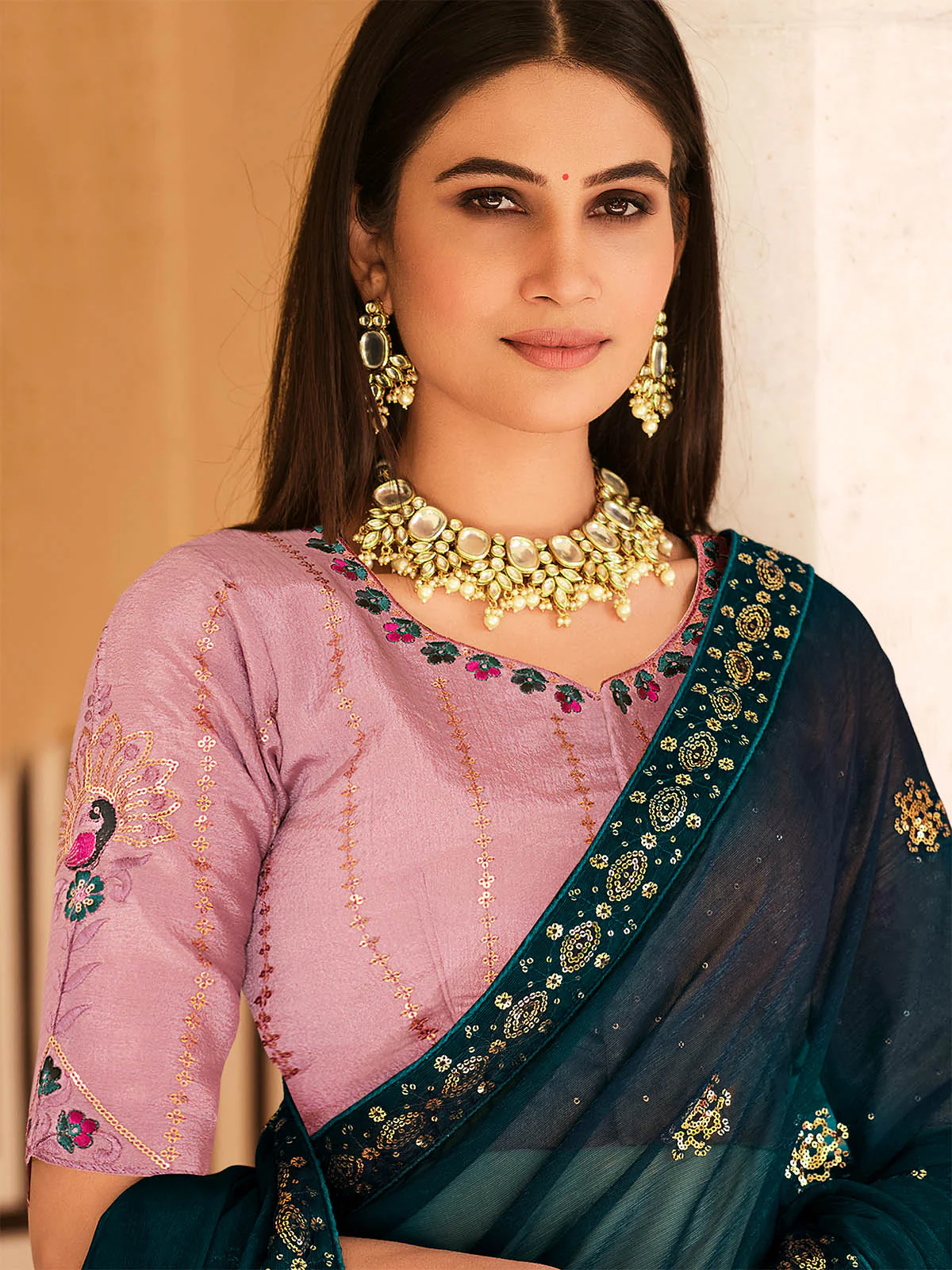 Odette Women Classic Teal Chinon Saree With Unstitched Blouse - Image 2