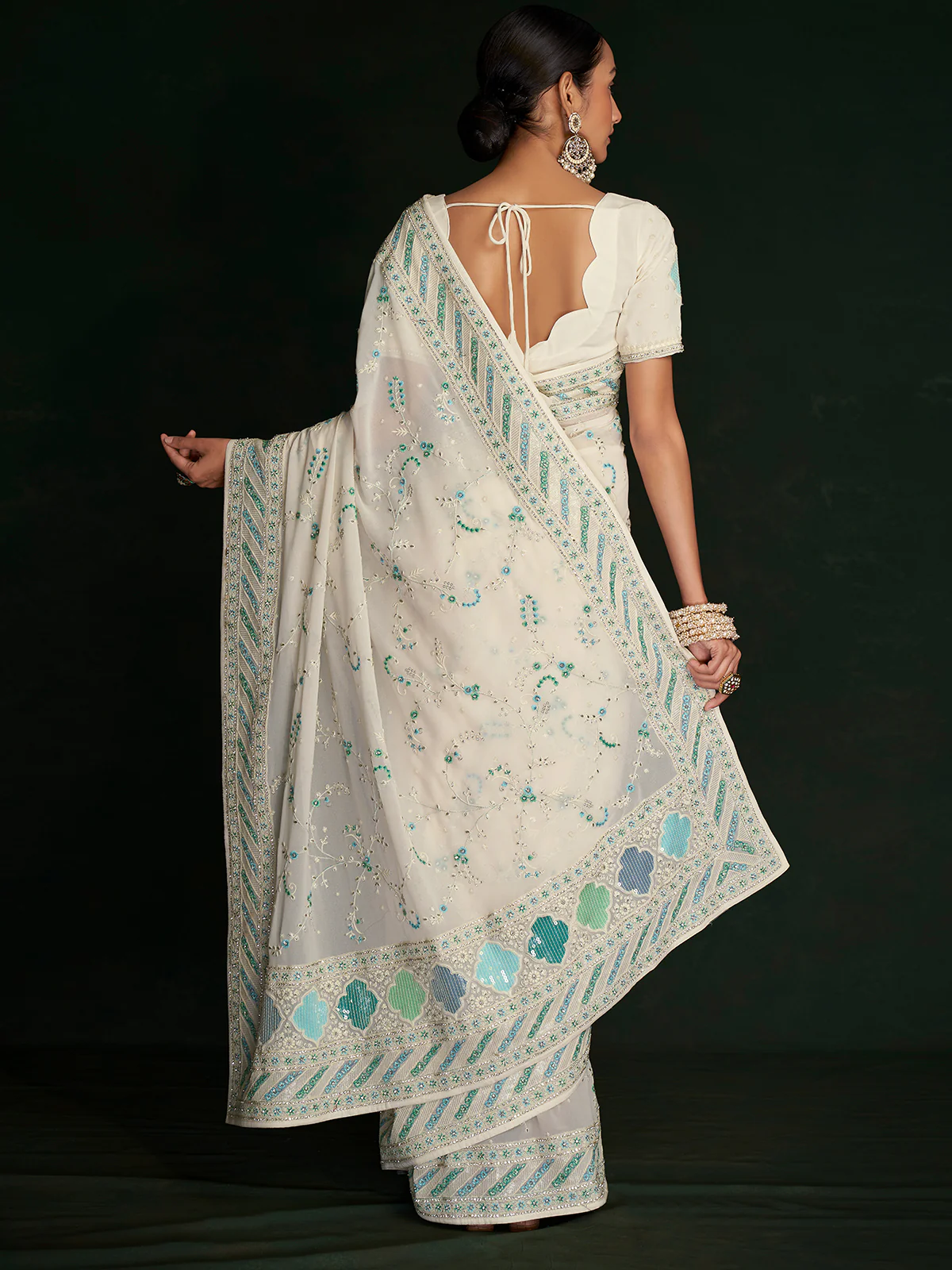 Odette Women Classic White Georgette Embroidered Saree With Unstitched Blouse - Image 4