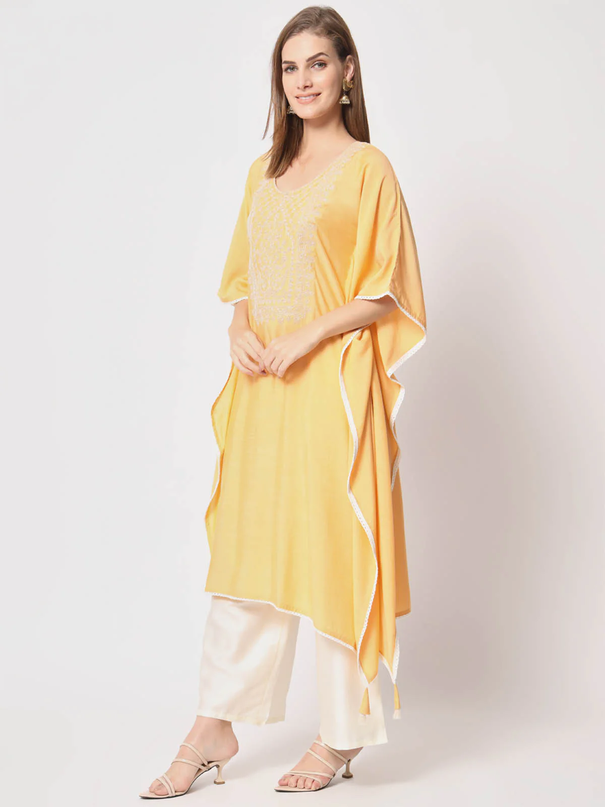 Odette Women Classic Yellow Silk Blend Embroidered Stitched Kurta Set - Image 2