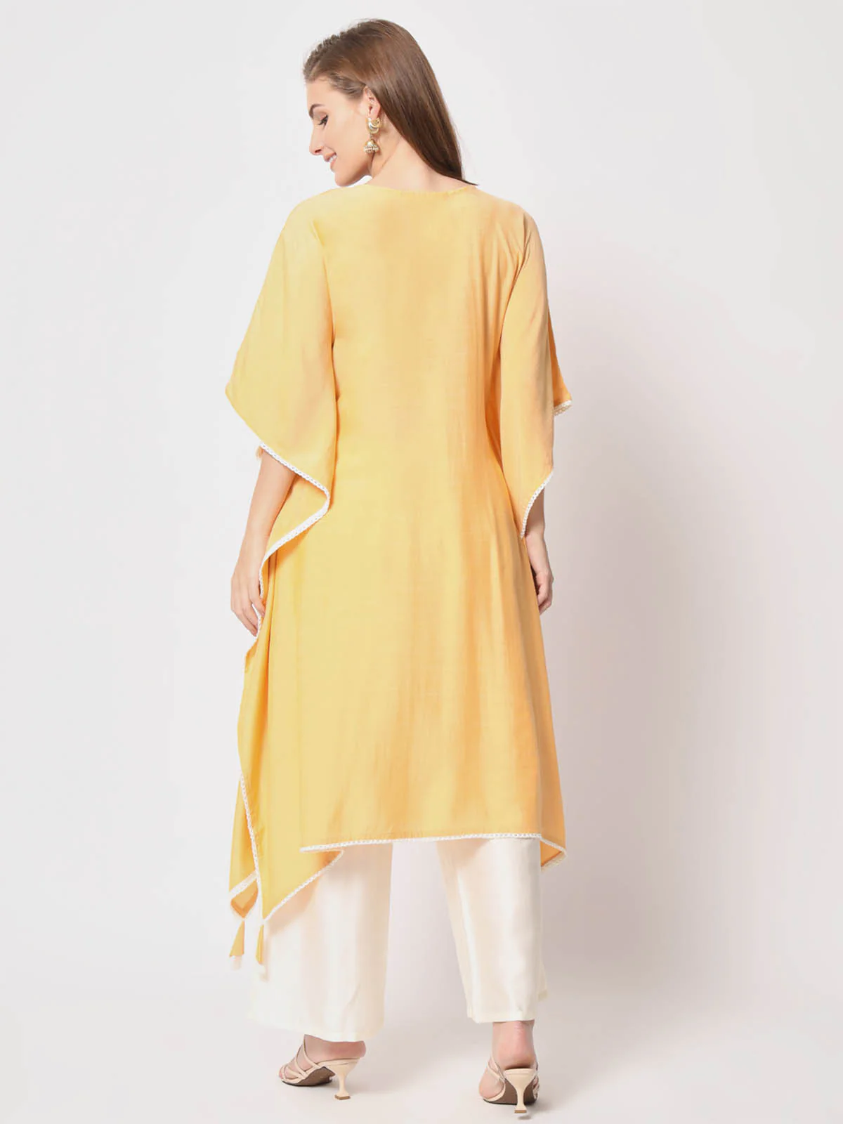 Odette Women Classic Yellow Silk Blend Embroidered Stitched Kurta Set - Image 4