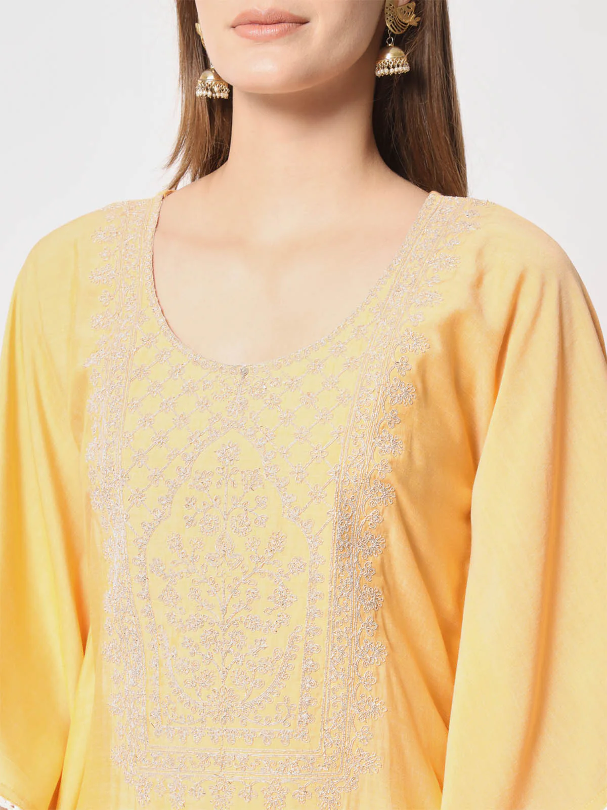 Odette Women Classic Yellow Silk Blend Embroidered Stitched Kurta Set - Image 6