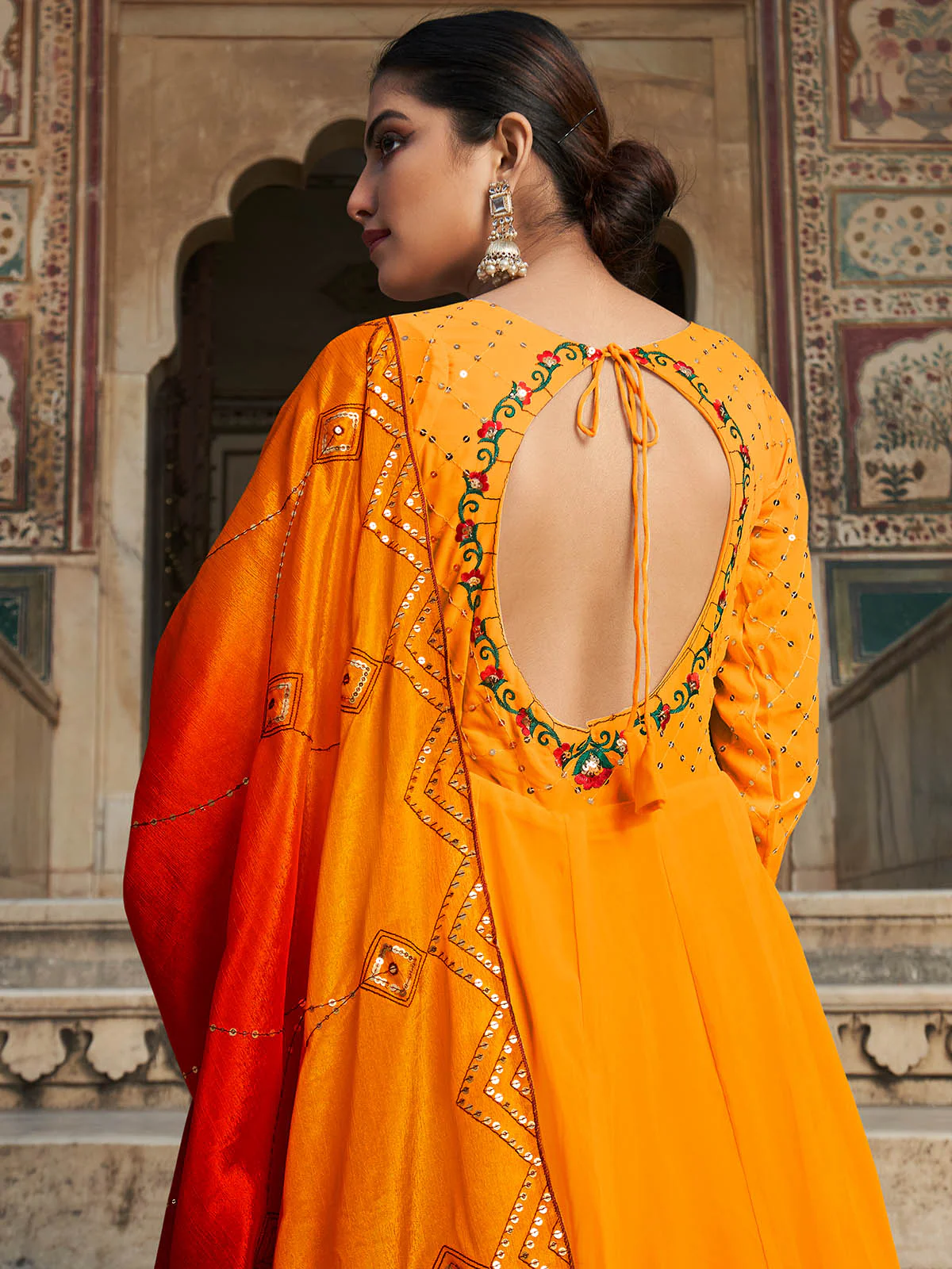 Odette Women Classic Yellow Embroidered Semi Stitched Gown - Image 4