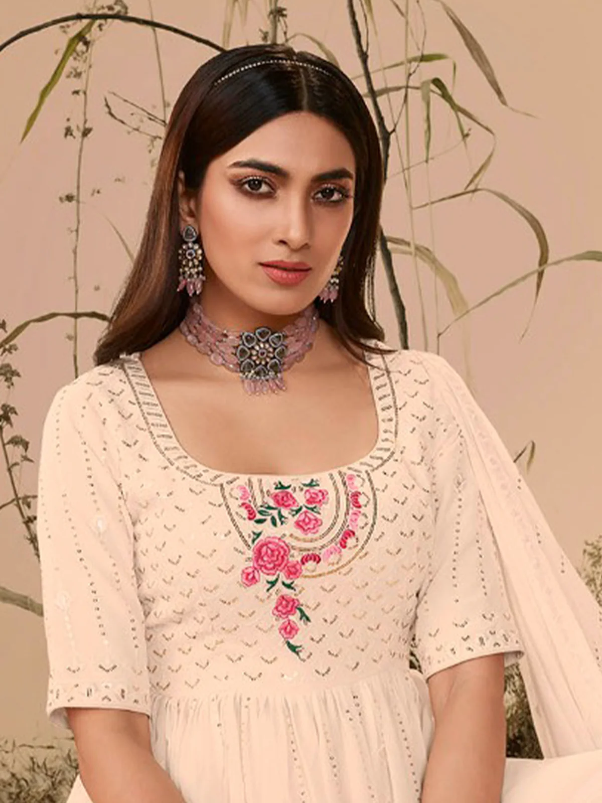 Odette Women Classy Beige Georgette Stitched Salwar Suit - Image 2