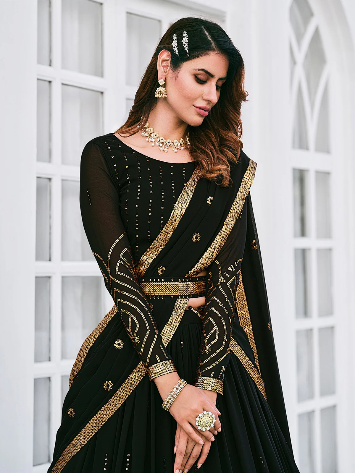 Odette Women Classy Black Georgette Semi-Stitched Lehenga Choli - Image 3