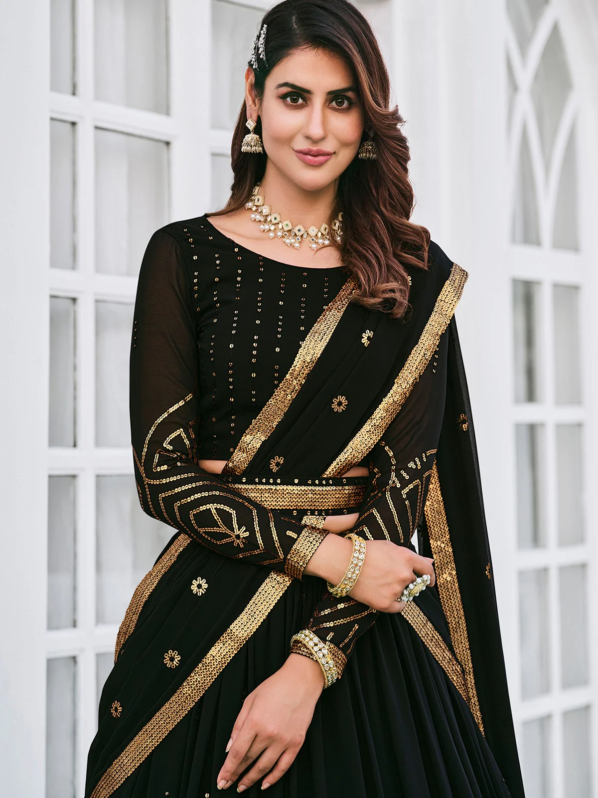 Odette Women Classy Black Georgette Semi-Stitched Lehenga Choli - Image 4